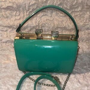 La Terre Vegan Purse w Detachable  Gold Chain Strap, Gem Clasp